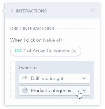 The I want to section of the Interactions dialog is expanded. Drill into visualization is selected from the first dropdown, and the title of the target visualization is selected in the second.