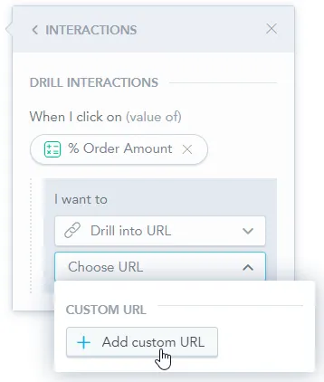 The I want to section of the Interactions dialog is expanded. Drill into URL is selected from the first dropdown, and Add custom URL is highlighted in the second.