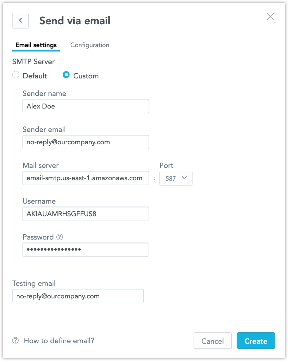The Create email dialog, Custom SMTP server option, with all values filled in and the Create button highlighted.