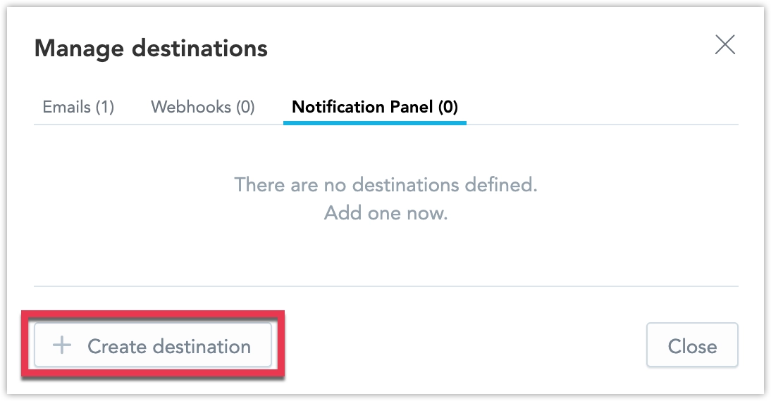 The Manage destinations dialog with the Notification Panel selected and the Create destination button highlighted in the bottom-left corner.