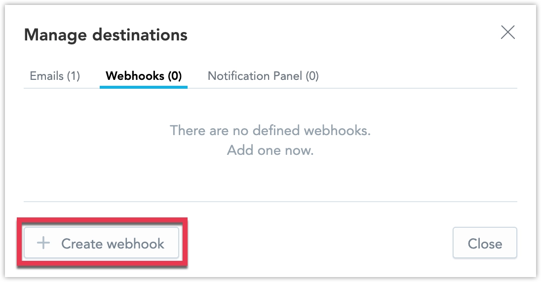 The Destinations section in Settings, highlighting the Create webhook option.