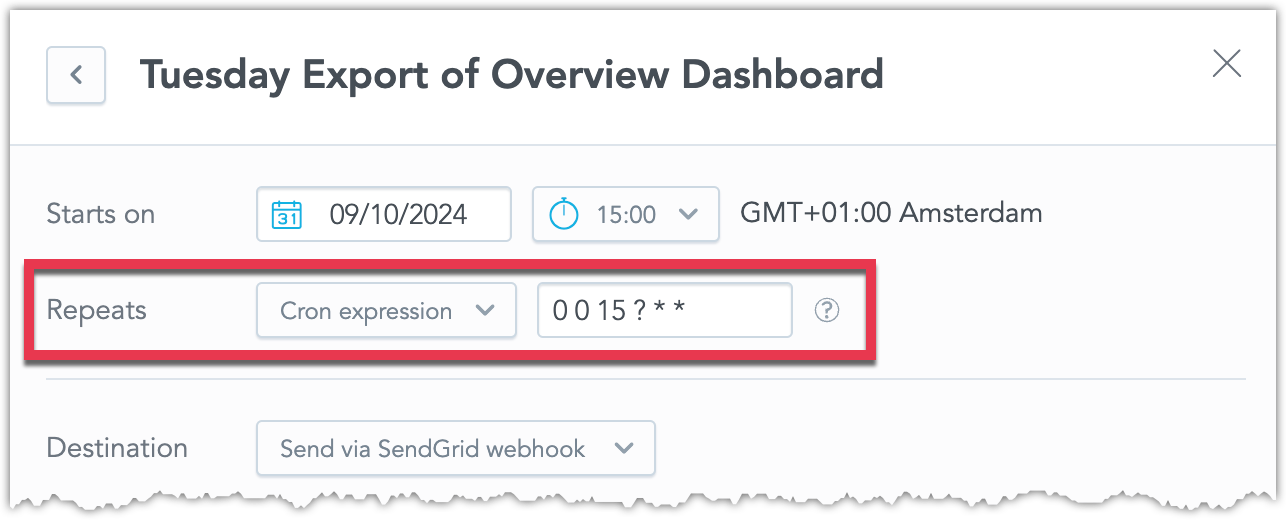 The part of the schedule export dialog highlighting the Repeats setting that is set to a cron expression.