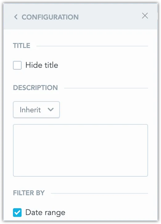 Configuration panel for a dashboard visualization, showing options to hide the title, set a description, and enable filters.