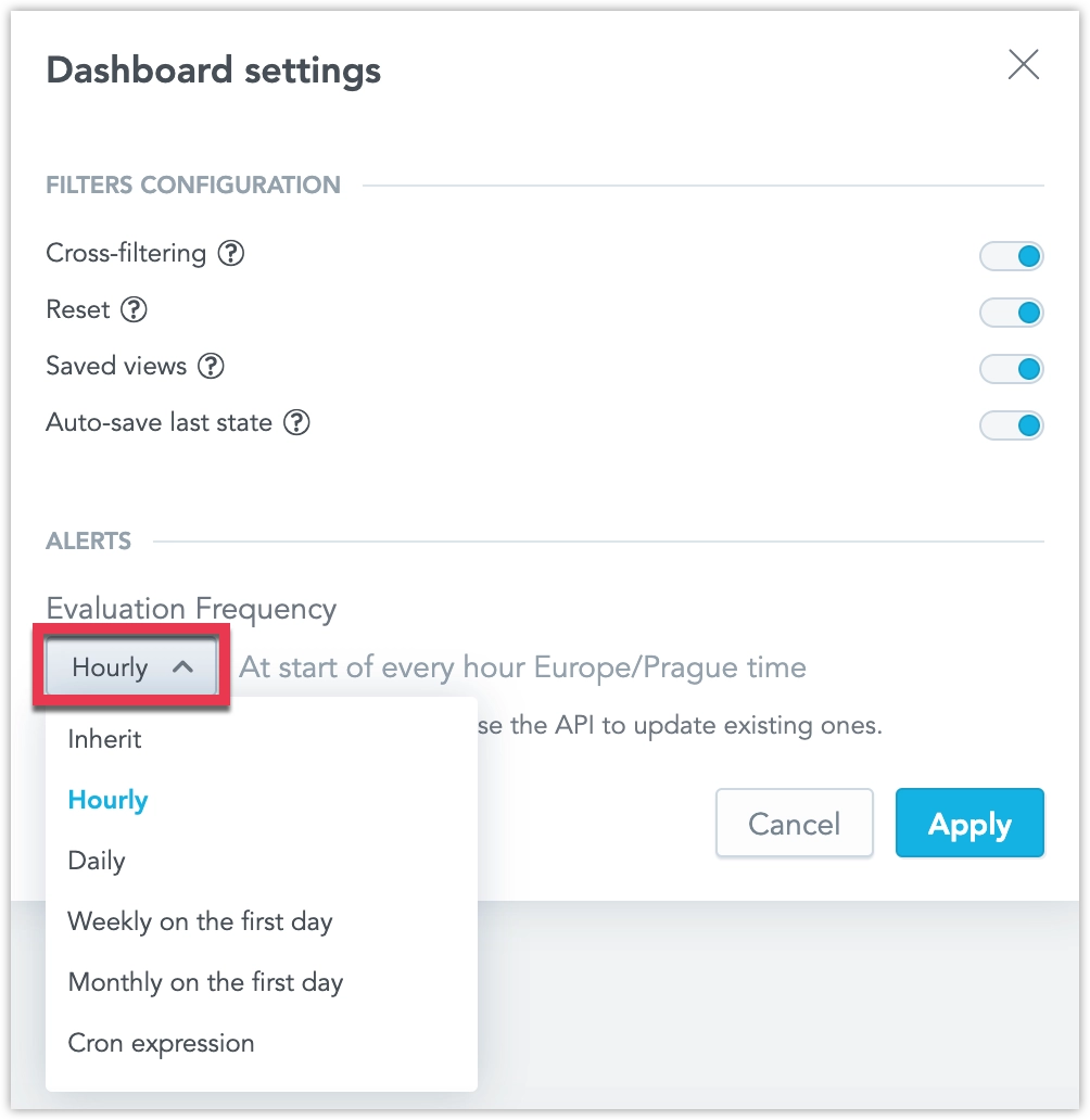 Screenshot of the dashboard settings dialog highlighting the evaluation frequency setting.