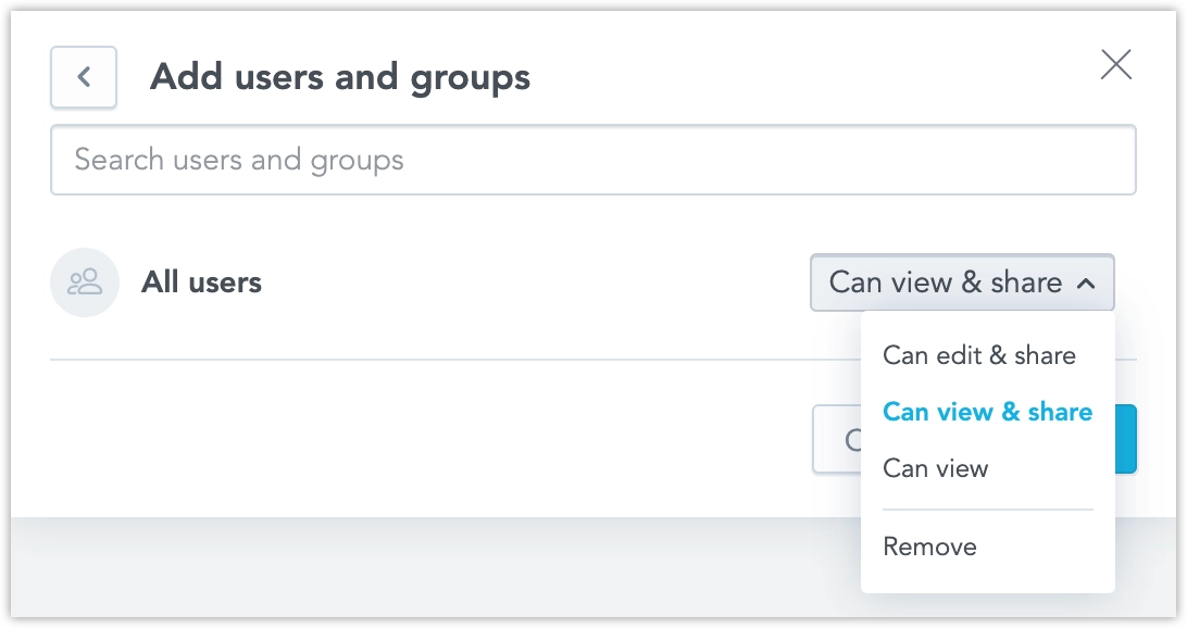 Permission dropdown showing the available permissions: Can edit and share, Can view and share, Can view, and Remove for a selected group.