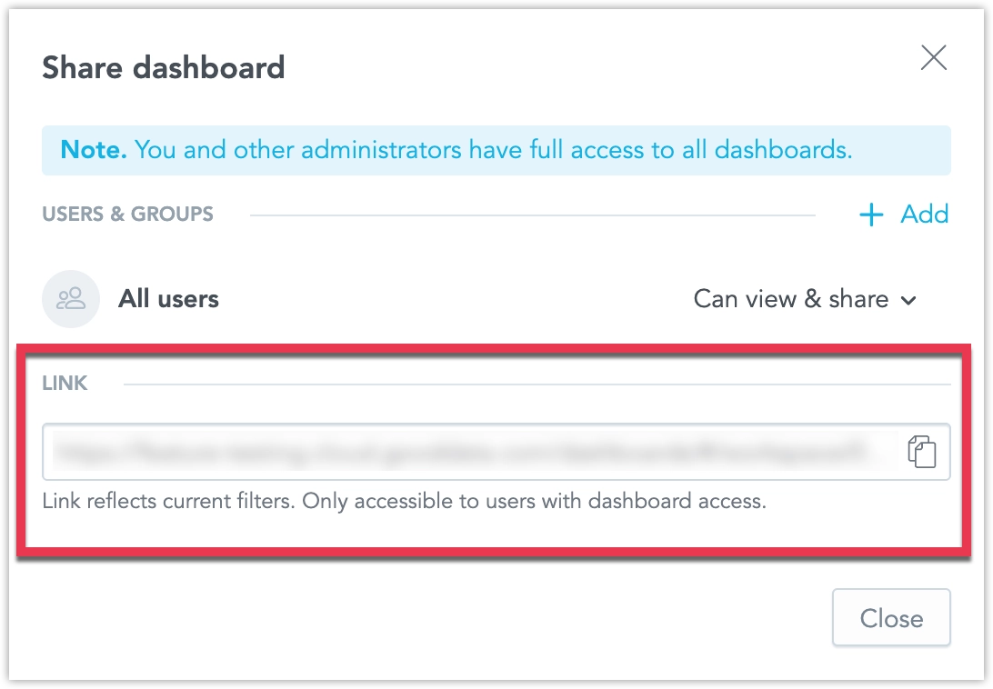 Share dialog showing the Link section with a URL that includes current filter context.