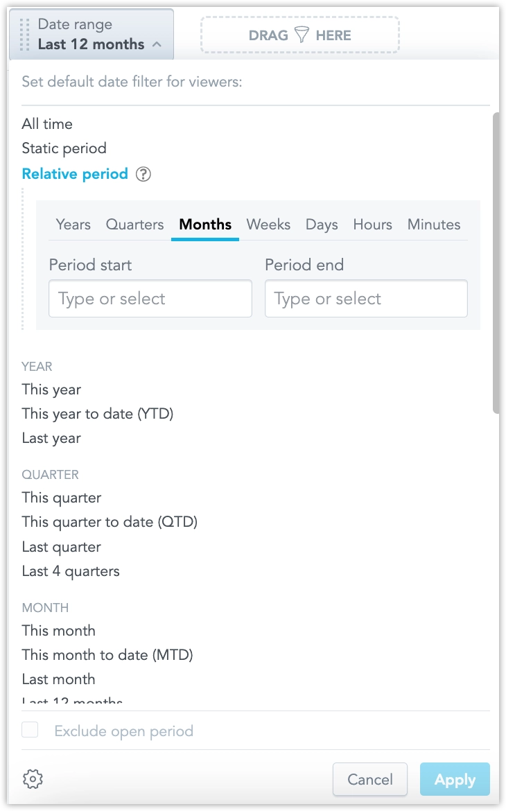 Relative date filter configuration using months as granularity. The filter is set from 2 months ago to next month using keyword input.