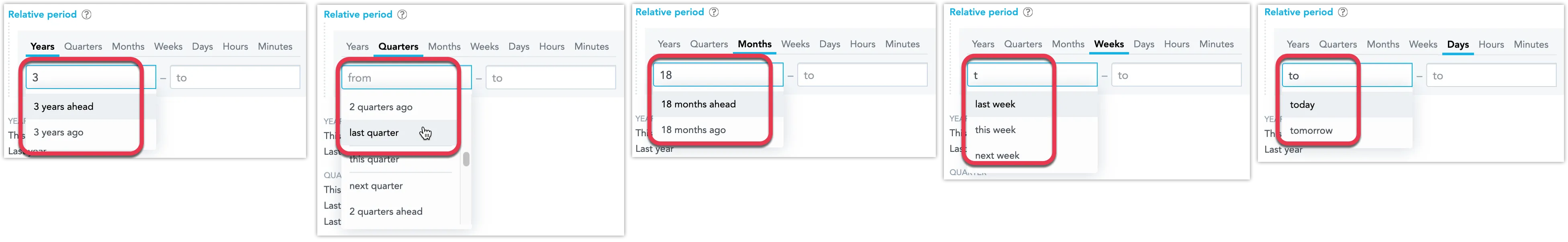 Examples of using keywords in a relative date filter across different time granularities. Keywords shown include 3 years ahead, last quarter, 18 months ago, this week, and today.