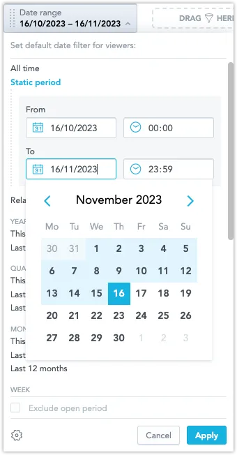 Calendar UI for setting a static date range in a dashboard. The From and To fields are selected, with the calendar open to choose a specific date.