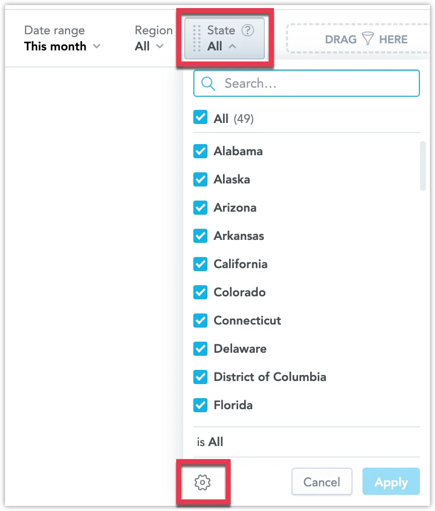 A dashboard filter with the gear icon at the bottom left highlighted to access filter settings.