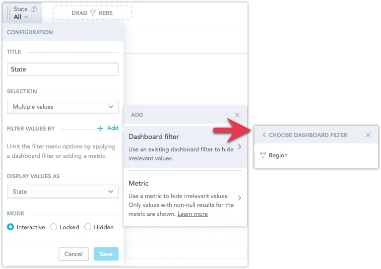 In the Filter configuration dialog, click the Add button next to the Filter values by option, then select a Dashboard filter.