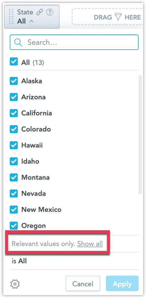 Dropdown list for State filter showing filtered values relevant to the West region, with a message Relevant values only, and a Show all button visible at the bottom.