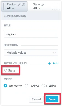 Filter configuration dialog for the Region filter with the State filter selected under Filter values by. The Save button is highlighted in the bottom right corner of the dialog.