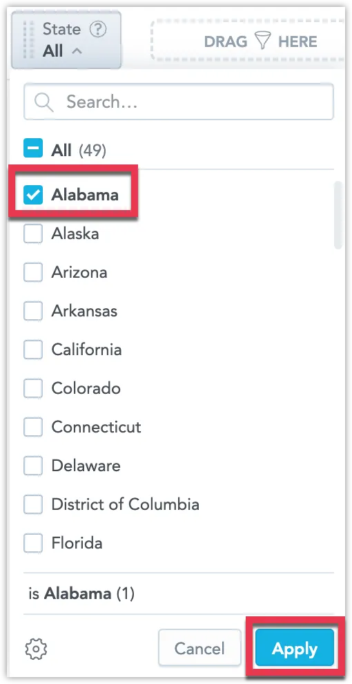 Dropdown list for the State filter with Alabama selected and the Apply button highlighted.