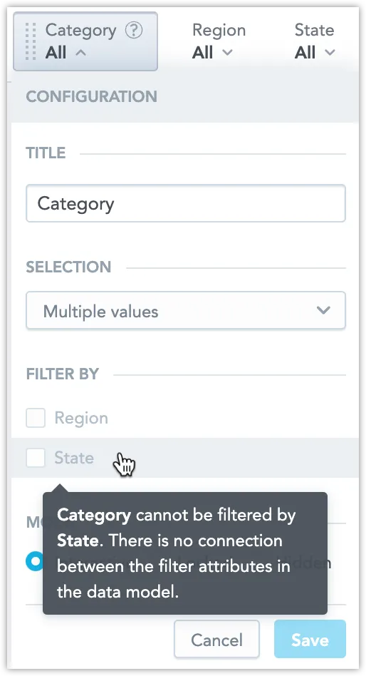 Filter configuration dialog for Category showing a message that Category cannot be filtered by State due to lack of connection between attributes in the data model.