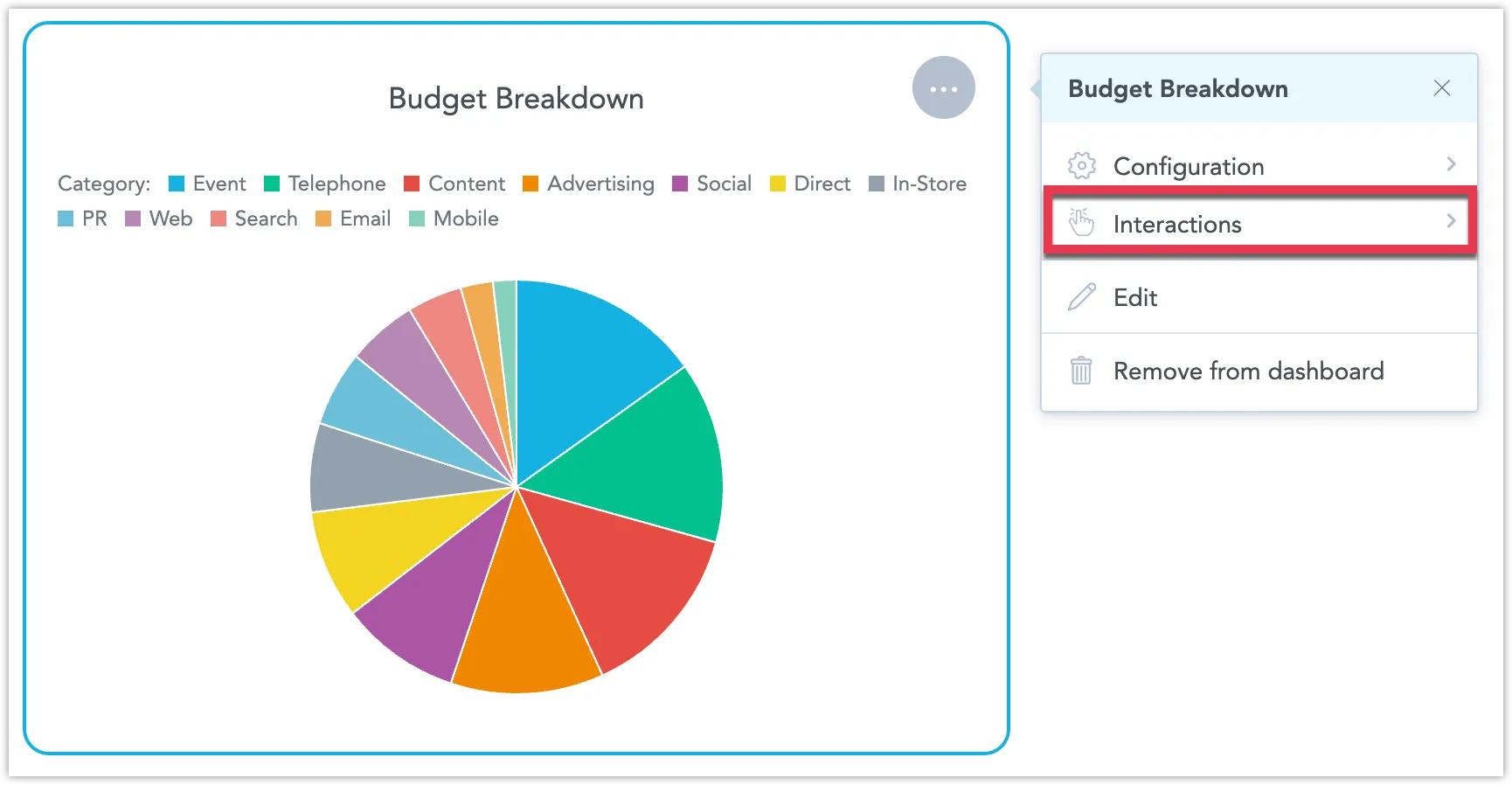 A pie chart with the Interactions section highlighted in the configuration menu.