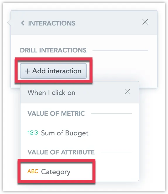 The Interactions section showing the Add interaction button. Clicking it opens the When I click on dialog where you can select an attribute used in the visualization. In this example, Category is selected.