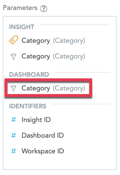 In the Parameters dialog, the dashboard attribute filter labeled Category is highlighted.