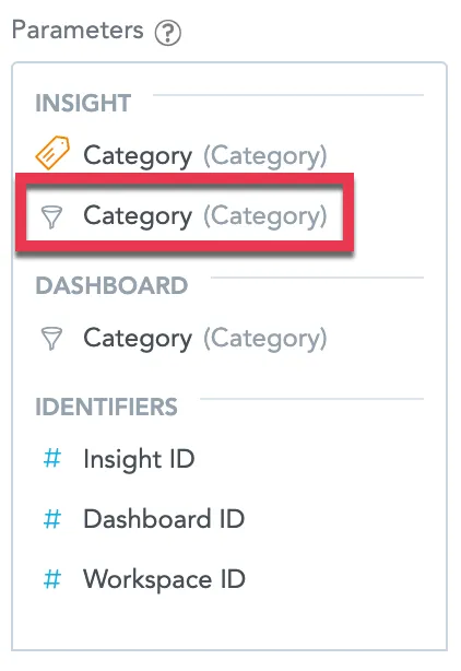 In the Parameters dialog, the visualization attribute filter labeled Category is highlighted.