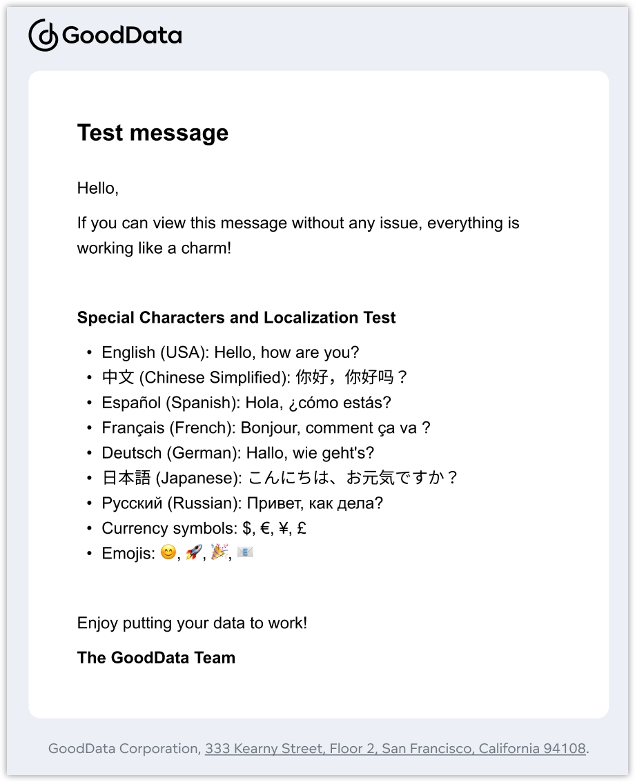 The test email administrators should receive when creating a custom SMTP email destination.