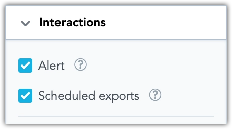The Interactions tab in Analytical Designer with Alert and Scheduled exports options selected.
