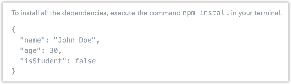 Rich Text widget showing formatted code block with JSON content and inline code.