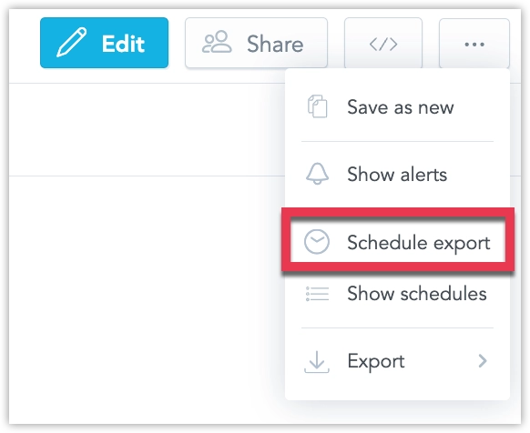 Menu opened by the ellipsis button in the top-right corner of a dashboard with the Schedule export option highlighted.