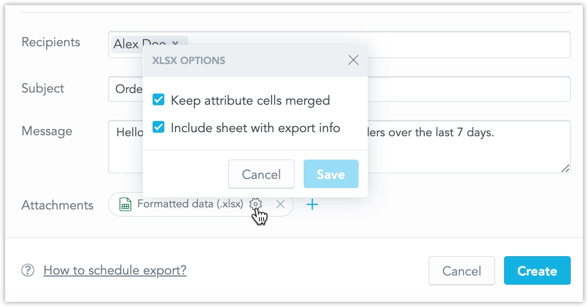 XLSX export options dialog with the Keep attribute cells merged setting enabled.