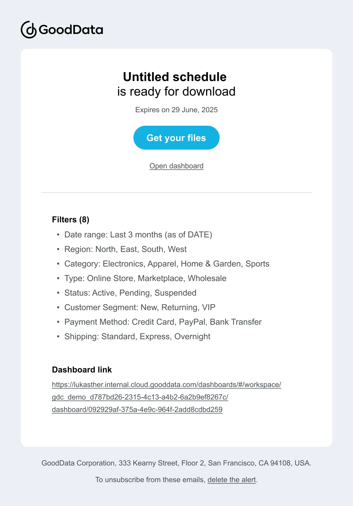 The scheduled export email template that reads: (Schedule name variable) is ready for download. Message content variable. The template includes a dashboard link and unsubscribe instructions.