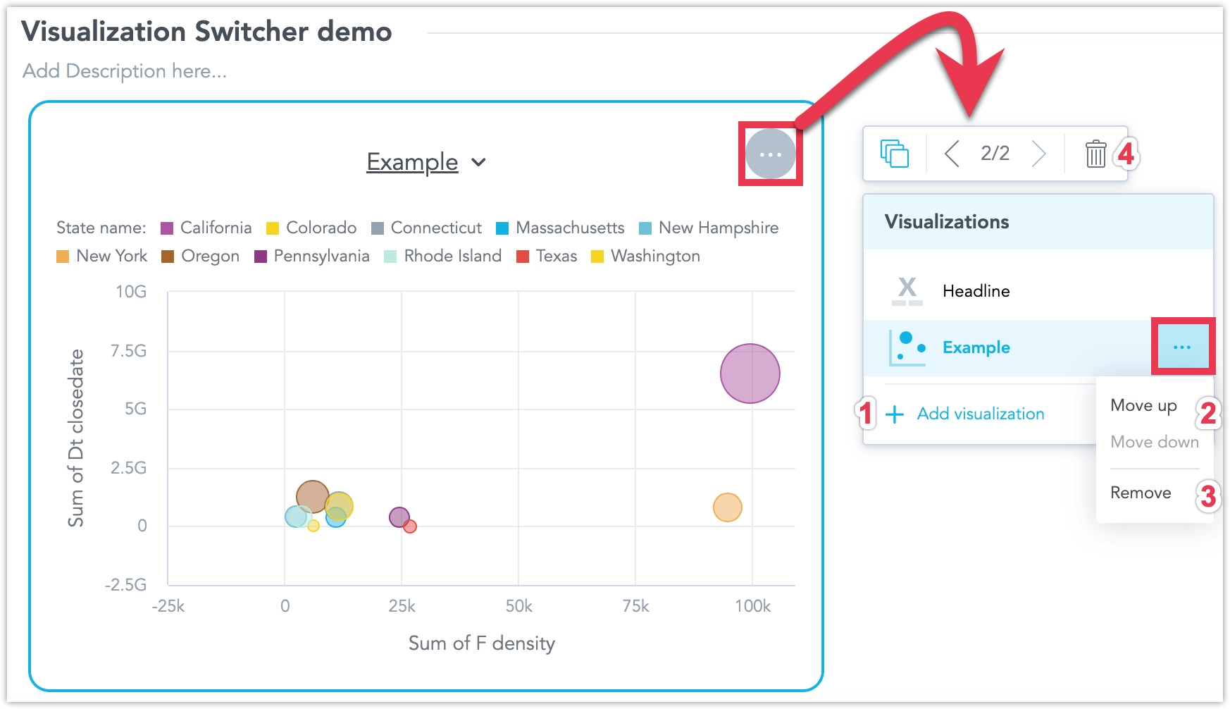Configuration dialog for the Visualization Switcher with options to browse, reorder, or remove visualizations.