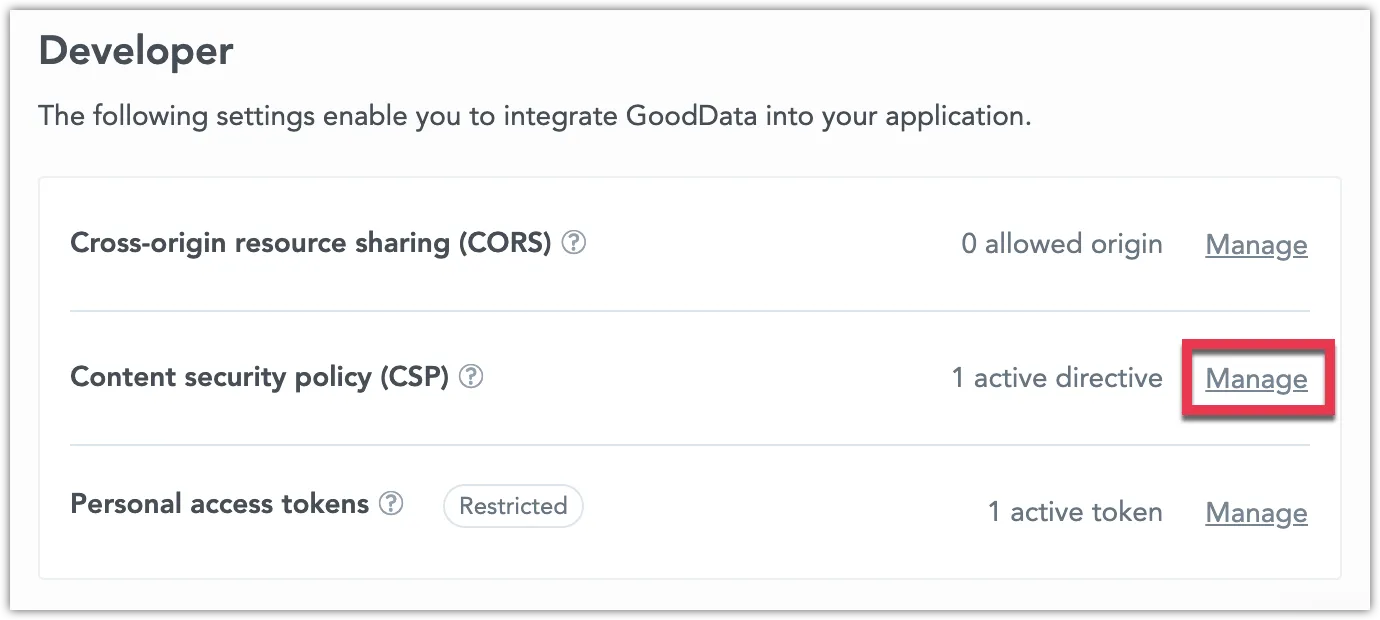 CSP configuration in Developer Settings. The Manage button is highlighted on the right.
