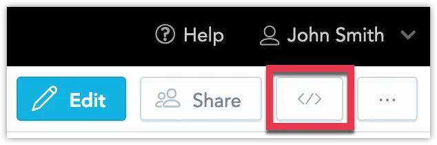 Embedding options button highlighted in the top-right corner of a dashboard, labeled with angle bracket symbols.