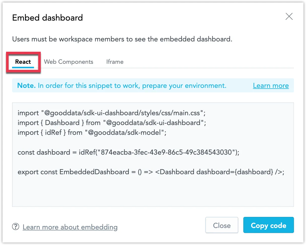 Embed dashboard dialog showing the React tab selected and a code snippet displayed for copying.