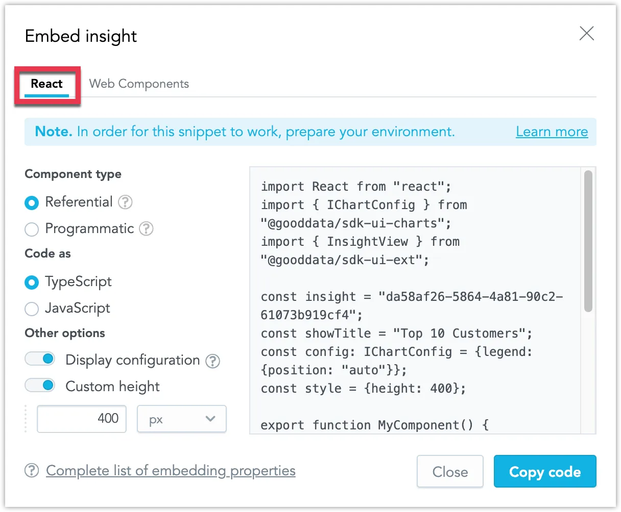 Embed visualization dialog showing the React tab selected and a code snippet displayed for copying. Using the configuration panel to the left, you can define the Component type, type of code, the Display configuration, or Custom height.