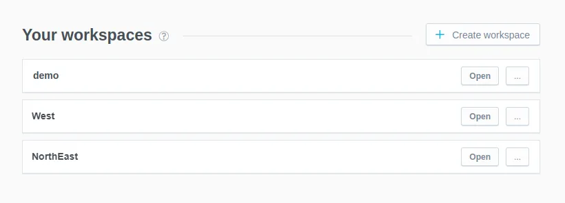 Home page listing three workspaces named demo, West, and NorthEast.