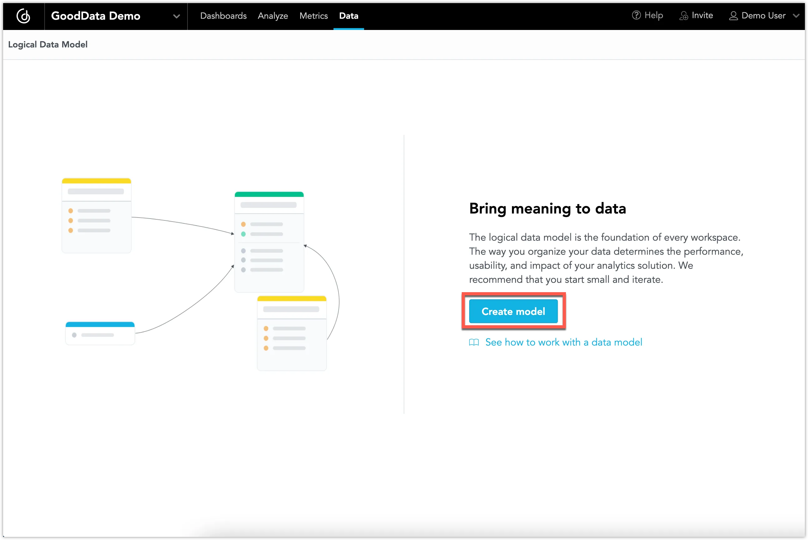Selecting the Data tab in the navigation bar at the top opens the Logical Data Model editor. A blue Create model button is highlighted in the lower part of the text box below.
