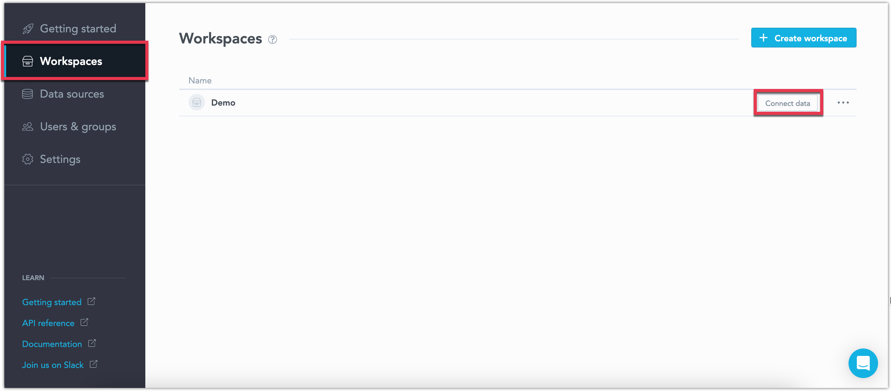 Workspace page with the Connect data button for linking a data source.