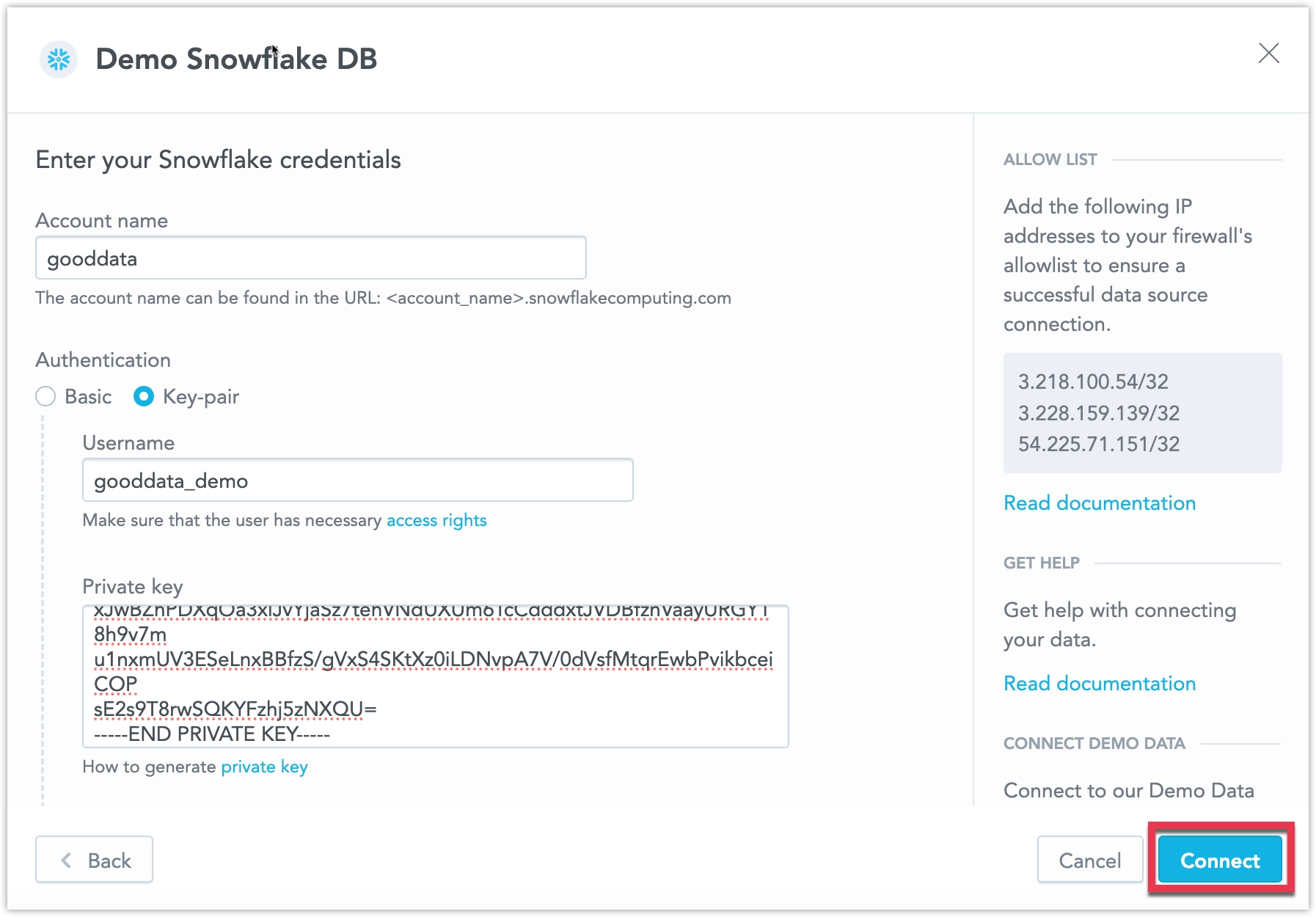 Data source creation dialog with fields for connection credentials.
