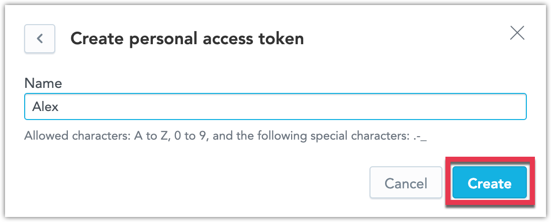 Create personal access token dialog with a field to enter a token name.