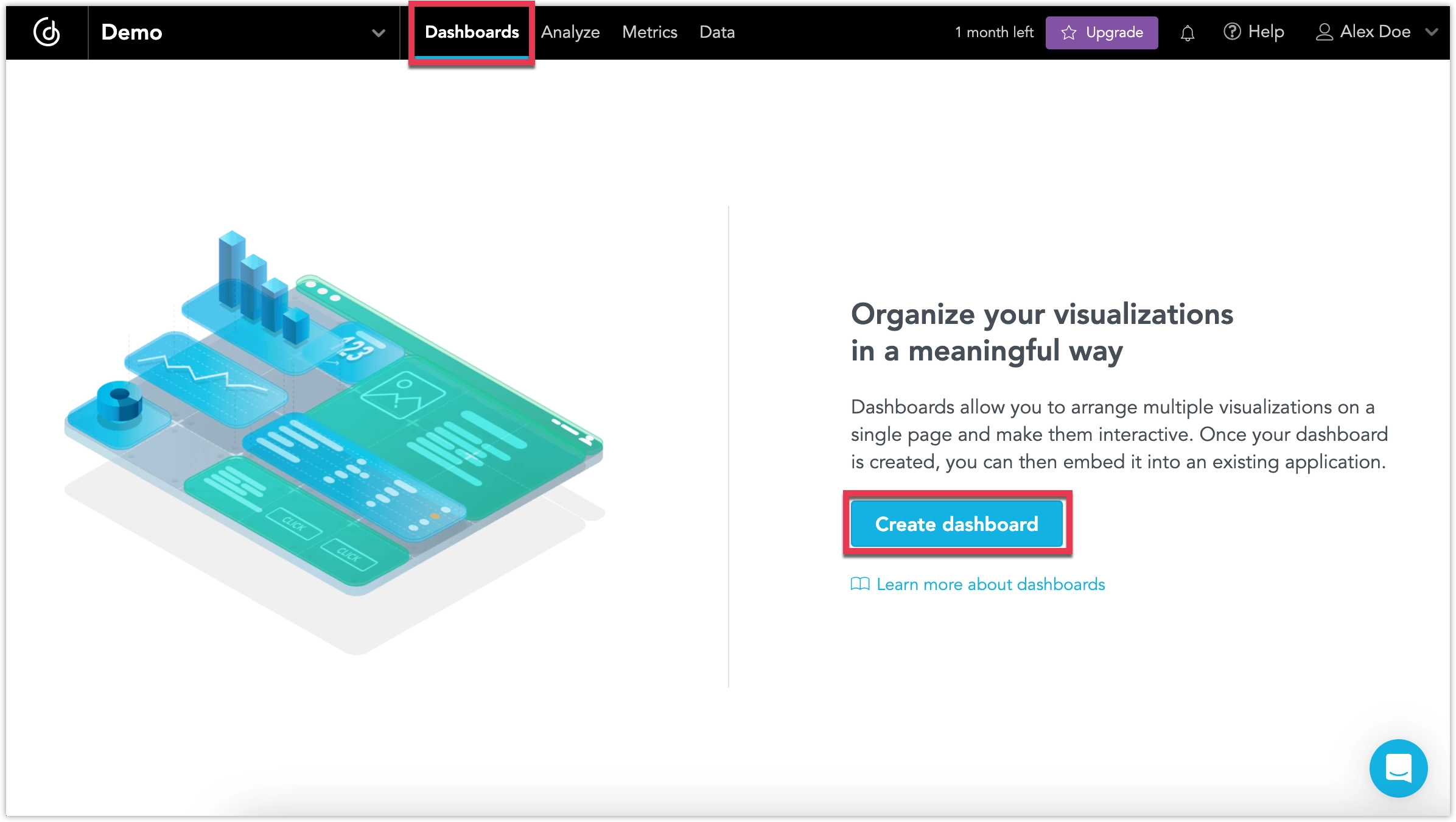 The Dashboards tab is selected, and a the Create dashboard button is highlighted.
