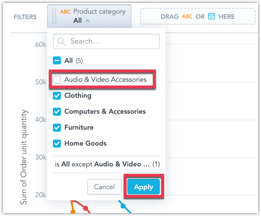 The filter listing all product categories with Audio & Video Accessories deselected.