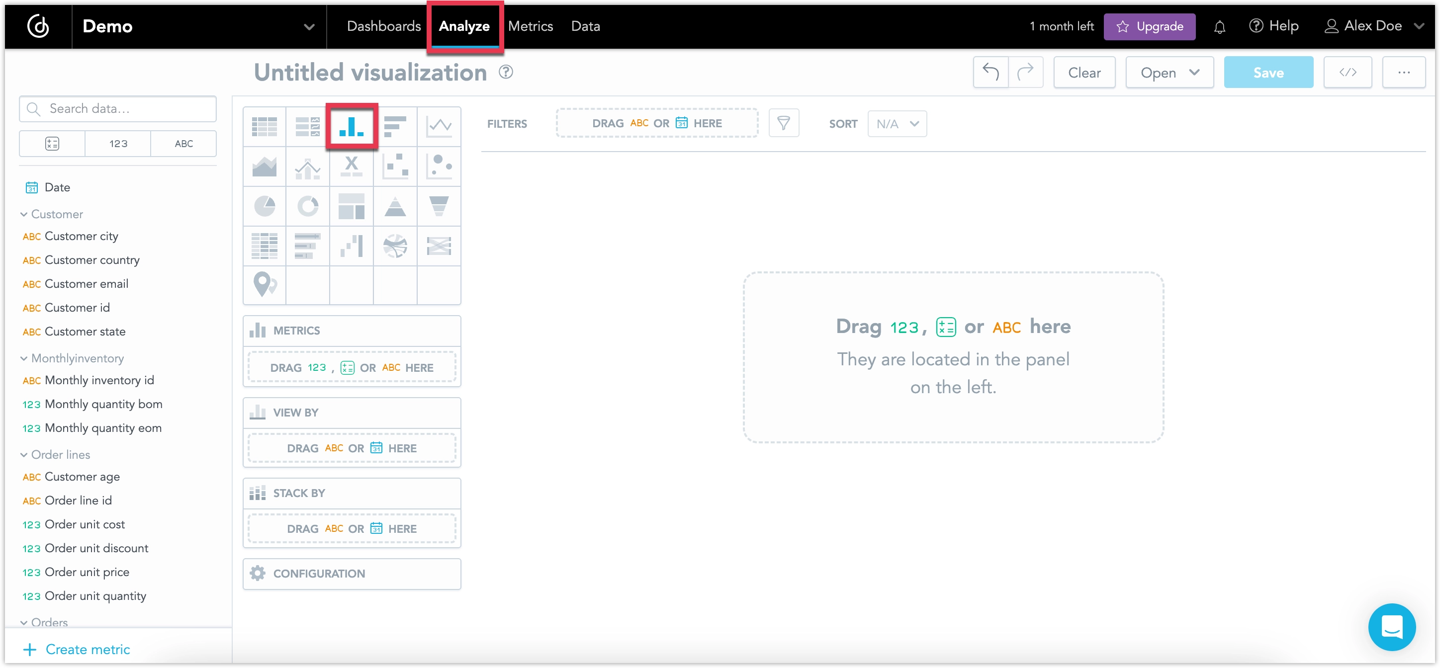 The Analyze tab with available visualization types, with a bar chart highlighted.