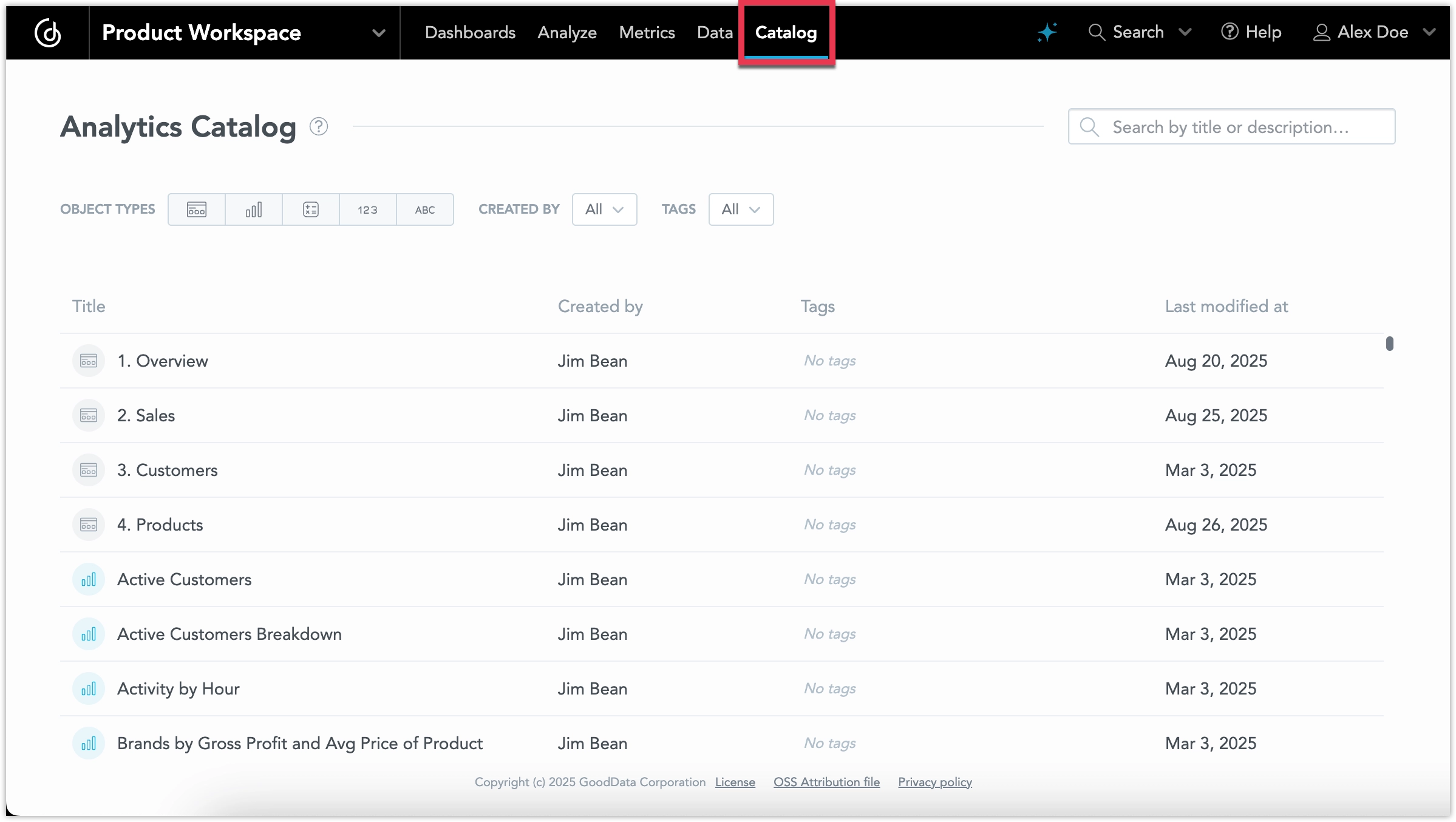 Personalized homepage in GoodData showing the Analytics Catalog. The layout includes a welcome banner at the top and a searchable list of dashboards, visualizations, and metrics. Each entry displays a title, type icon, tags, the name of the owner, and last edited timestamp.
