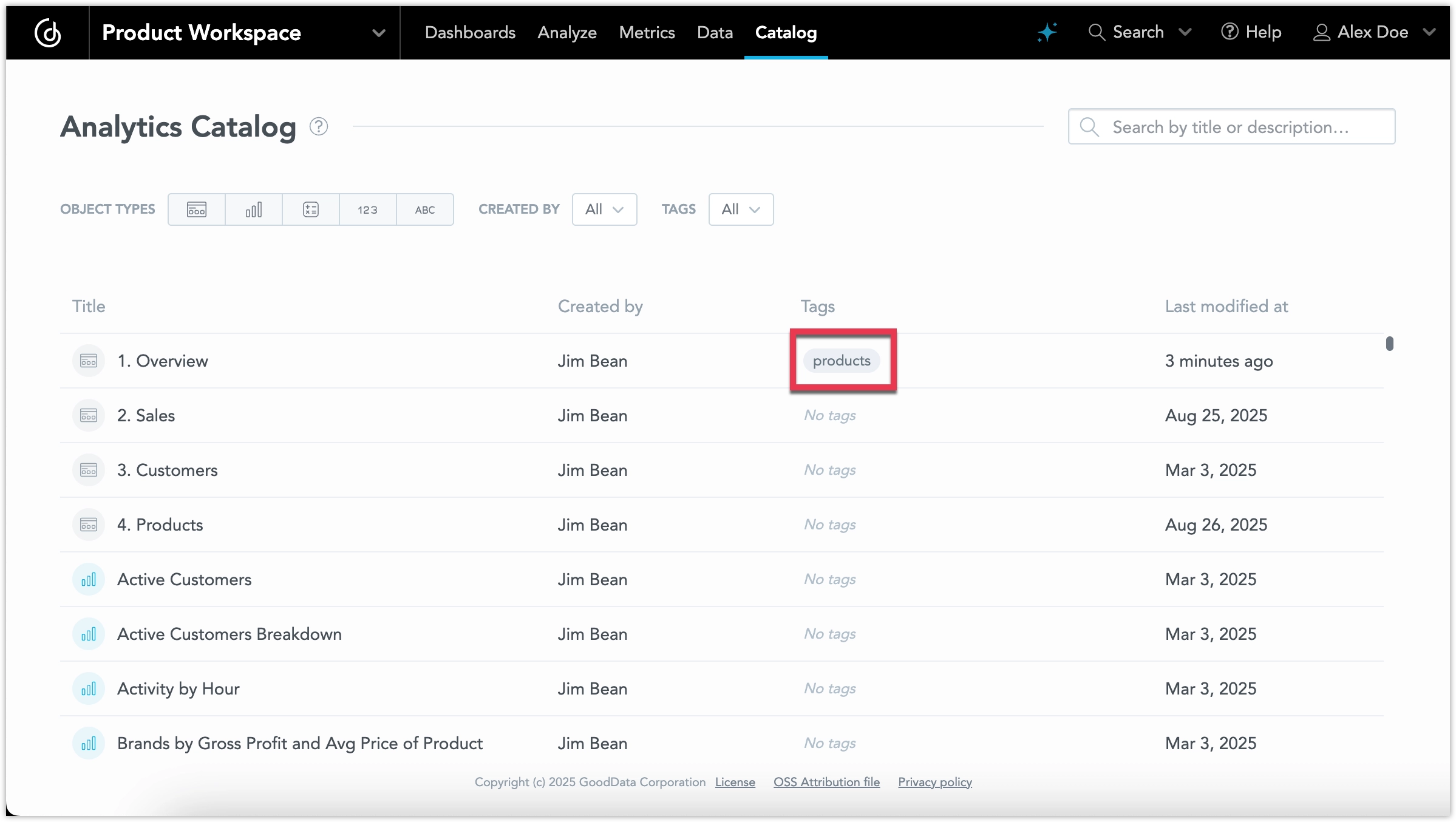 Analytics Catalog interface with the Tags column displayed on the right. Analytical objects such as dashboards and visualizations are listed, and tags like products and marketing are shown as labels next to each entry.