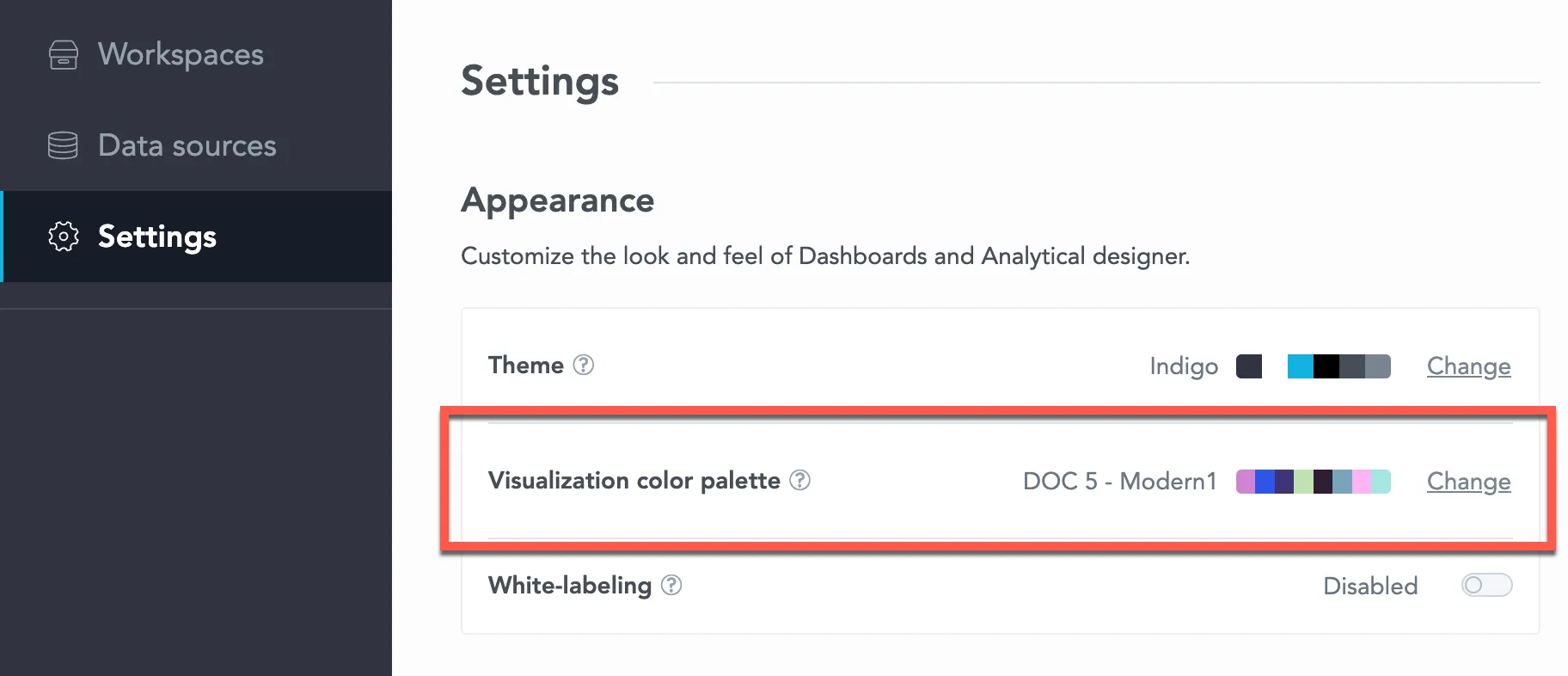 Appearance section in the Settings tab showing theme selection and visualization color palette options, with Indigo selected as the current theme and a custom color palette displayed with a sample of color swatches.