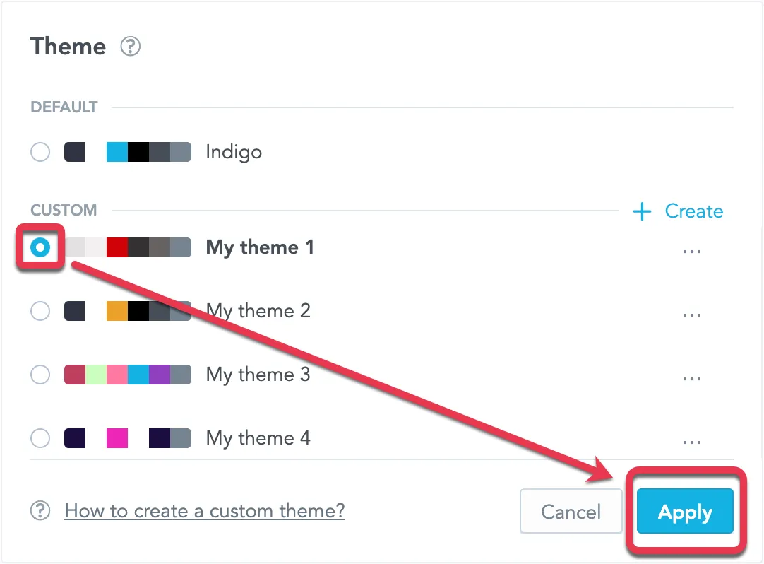 Theme selection dialog with a list of themes. A custom theme is selected, indicated by a radio button on the left, and the Apply button in the lower right corner is highlighted.
