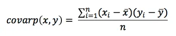 Covariance equation for full populations showing the sum of the products of deviations from the mean divided by the number of data points in the population.