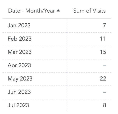 Table with a column for months from January to July 2023 and a column showing sum of visits. Some months, such as April and June, have no data and are displayed with a dash, indicating missing values.