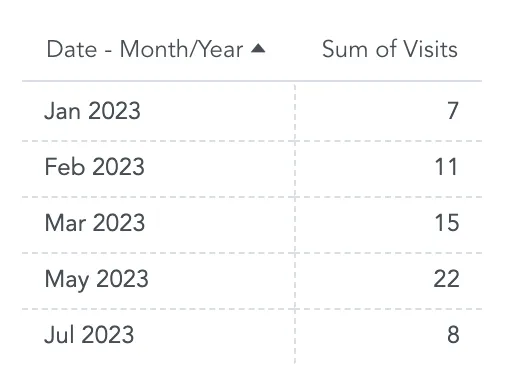 Table showing sum of visits by month from January to July 2023. Only months with available visit data are displayed. Months with no data such as April and June are excluded from the visualization.