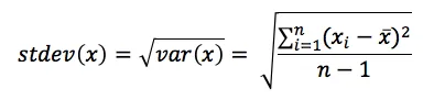 Equation for sample standard deviation showing the square root of the sum of squared differences between each value and the mean, divided by n minus 1. This formula accounts for Bessel’s correction in estimating population variability.
